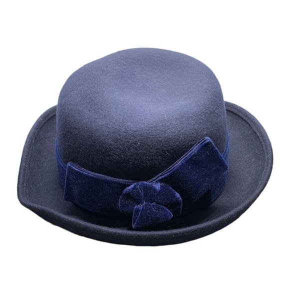Accessories - Women Wide BRIM Navy Blue Bowler Wool Bow Hat Wedding Tea Church Italy